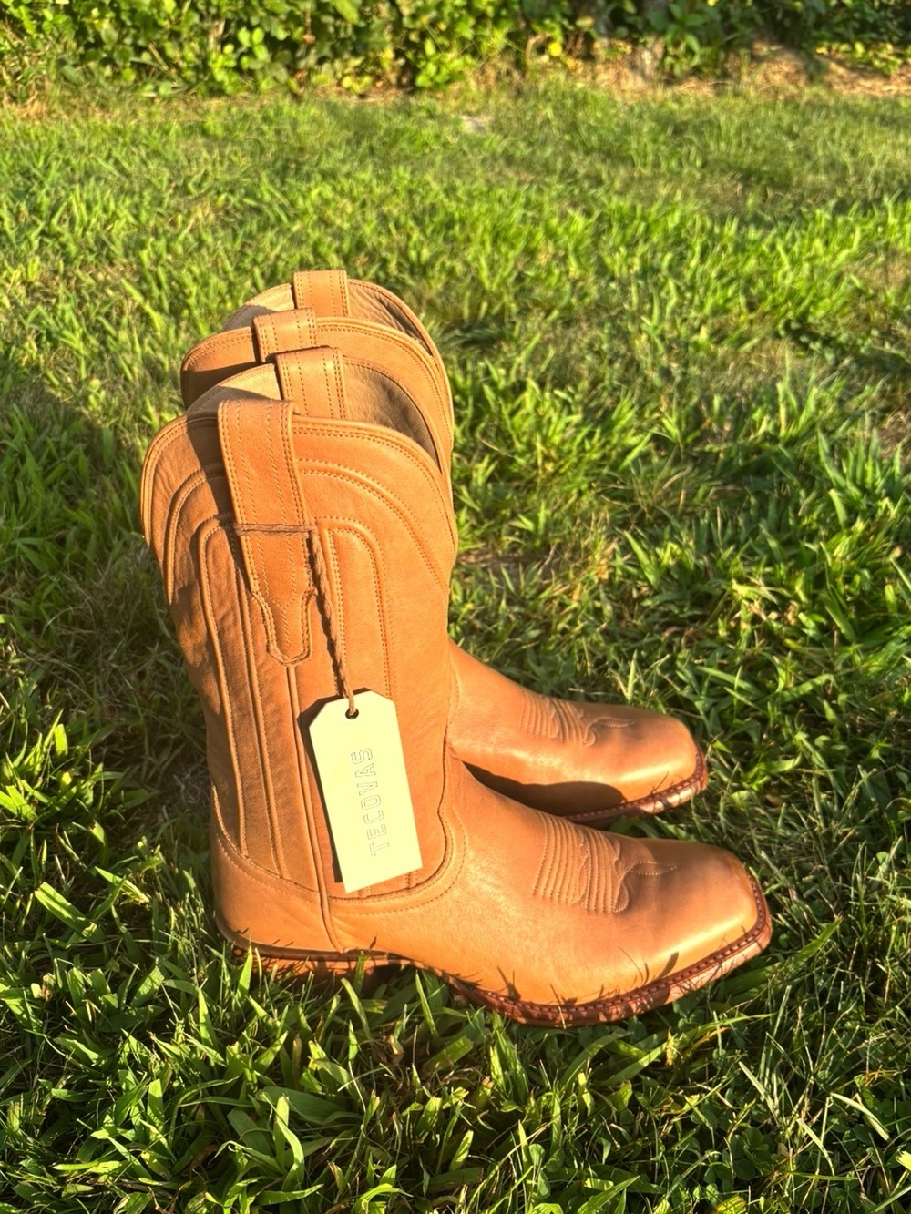 Tecovas Tan Leather Cowboy Boots with Pull Tabs